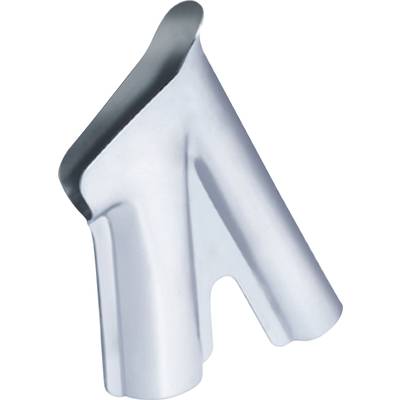 En metallisk, silverfärgad komponent med L-form och slät yta.