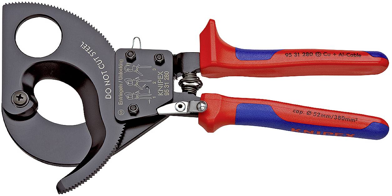 Skrallkabel-avbitare med röda och blå handtag, lämplig för aluminium- och kopparkablar upp till 380 mm², märkesnamn ingraverat.