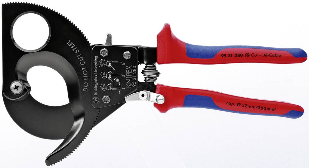 En röd och blå kabelavbitare med ett vasst blad och ett ergonomiskt handtag, lämplig för klippning av Cu- och Al-kablar.