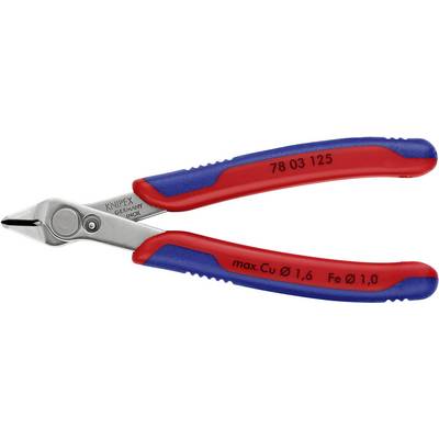 Avbitartång med röda och blå handtag; på bladet står 'Knipex Germany'. Lämplig för trådklippning upp till max. Cu Ø 1,6 mm, Fe Ø 1,0 mm.