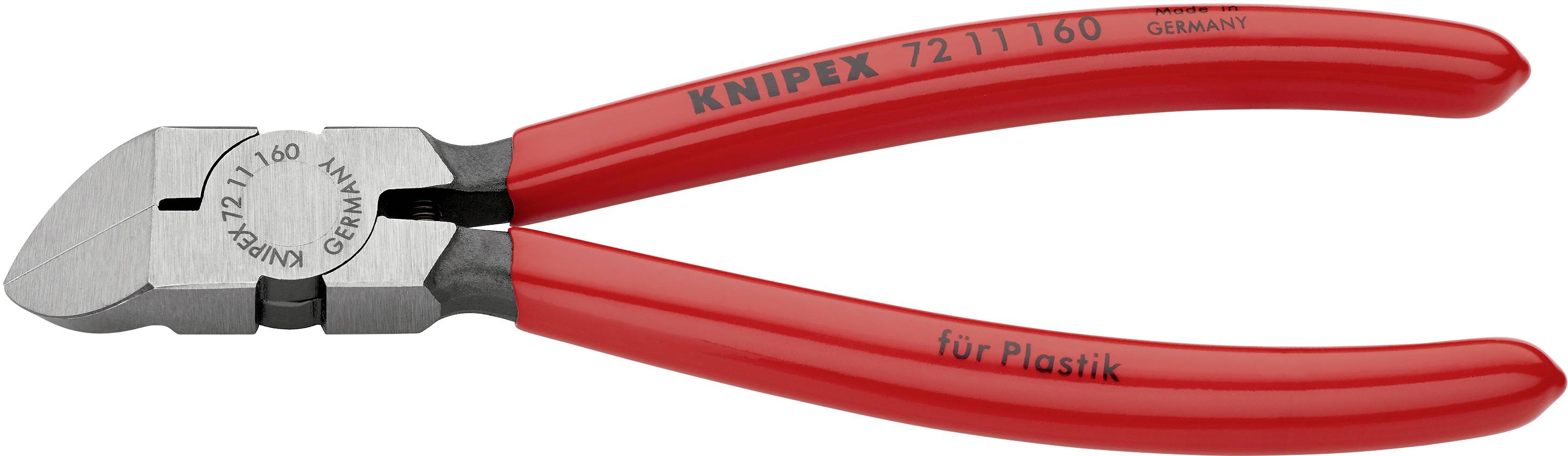Röd plasttång från Knipex med påskriften 'för plast' på handtaget, lämplig för klippning av mjuka material.