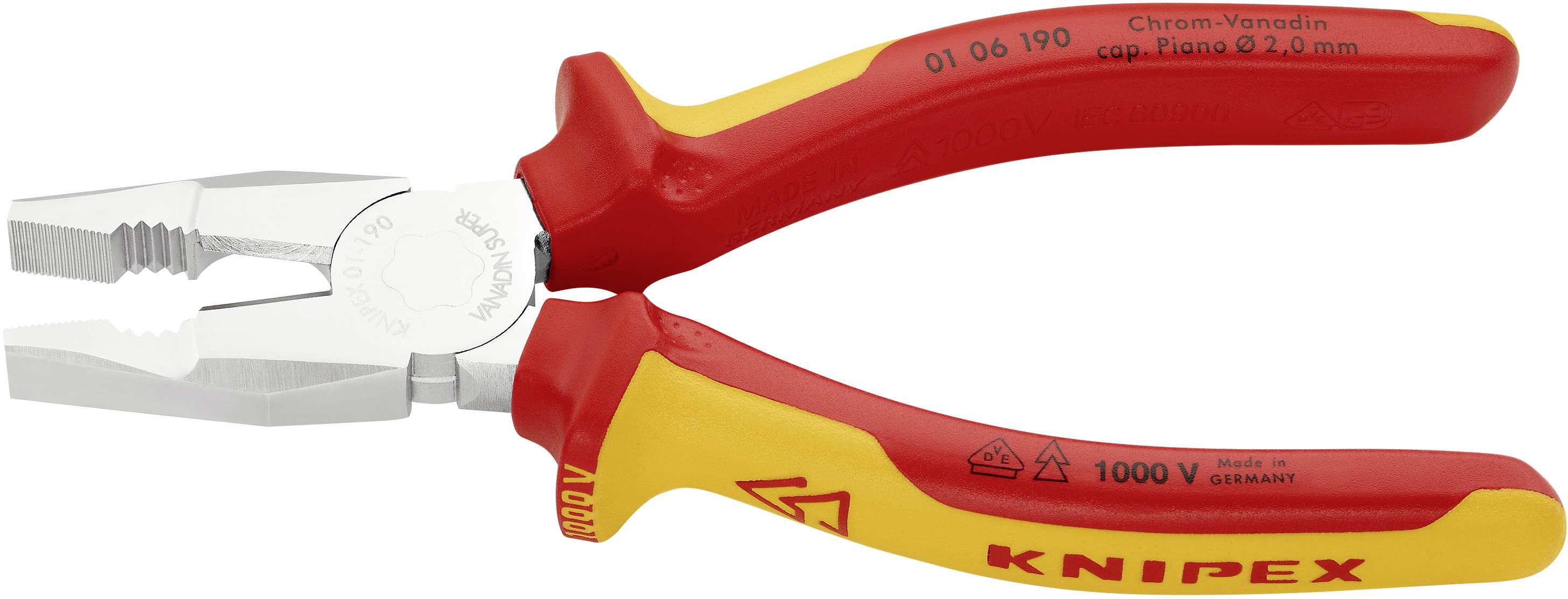 Röd kombinationstång från märket Knipex, lämplig för arbeten upp till 1000V. Den har isolerade handtag och ett huvud tillverkat av krom-vanadin-stål.