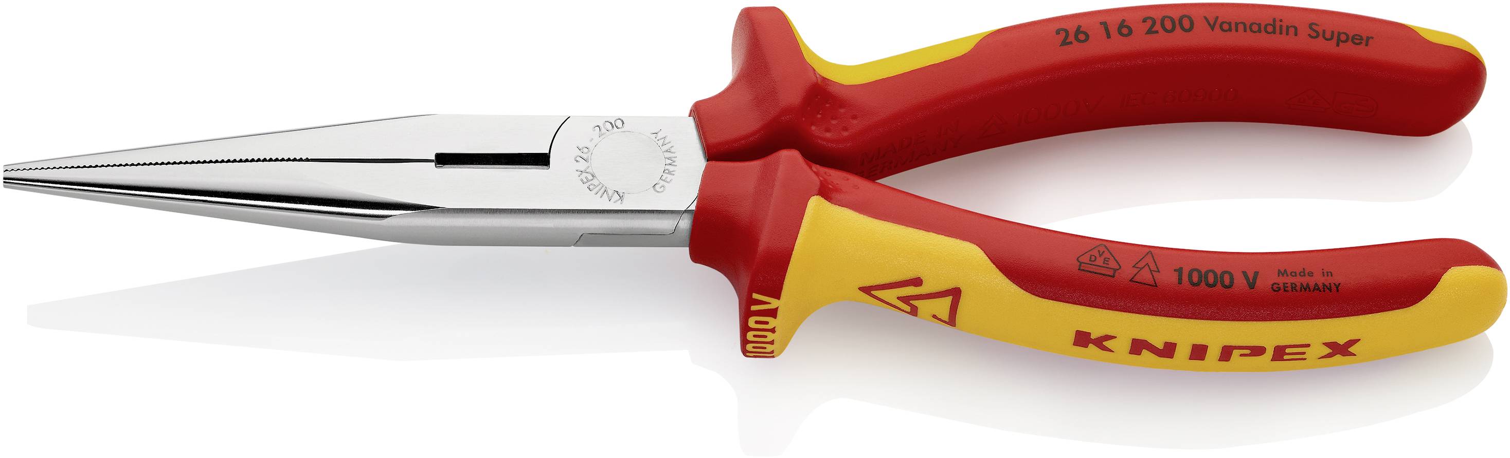 Tång med lång, spetsig käft, rött och gult handtag. Påskrift 'Knipex'. Lämplig för arbeten upp till 1000V.