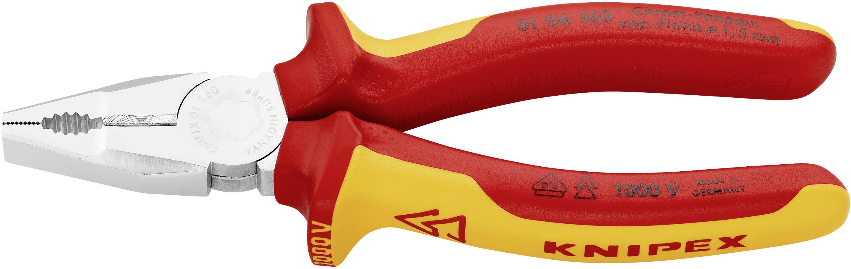 En röd och gul isolerad tånguppsättning från Knipex, särskilt avsedd för elektriska arbeten, med isolerat handtag för säkerhet.