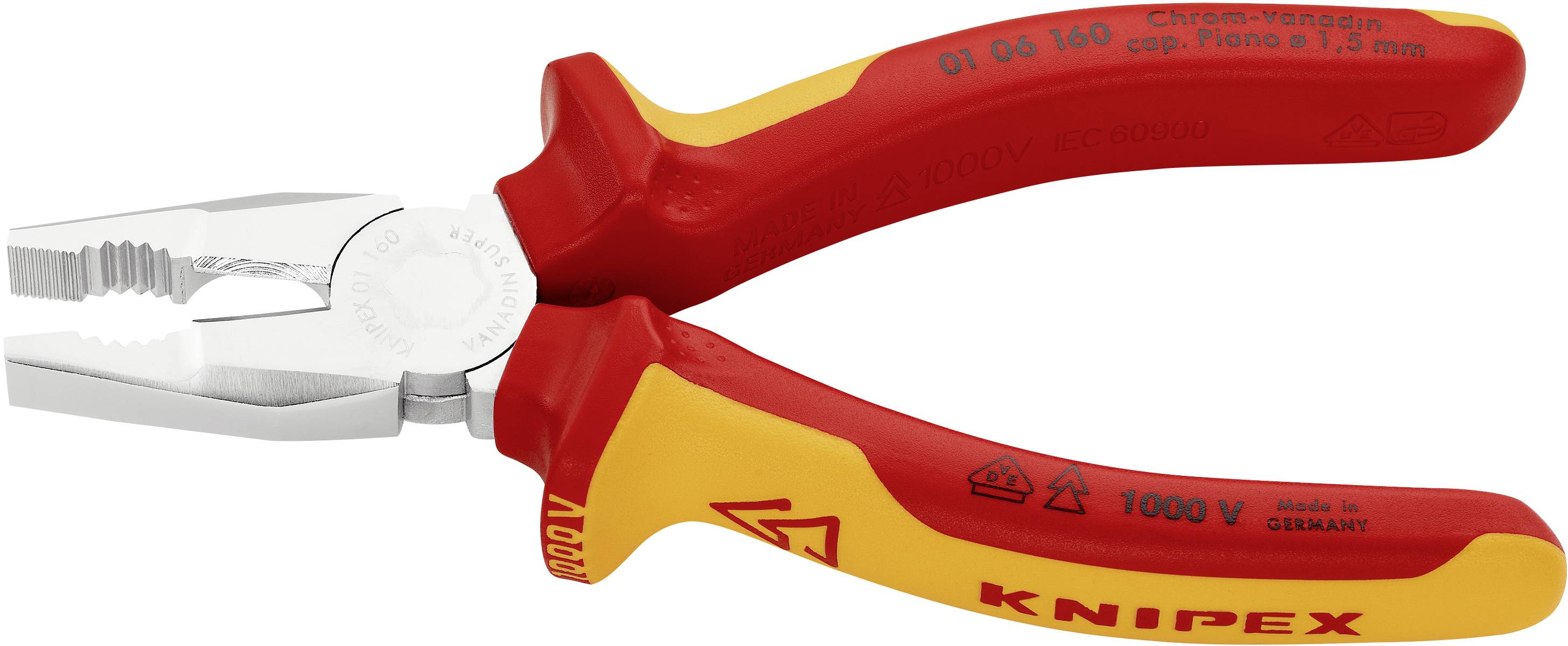 Röd och gul isolerad tång med krom-vanadin-yta och isolering upp till 1000 volt. Producerad av Knipex i Tyskland.