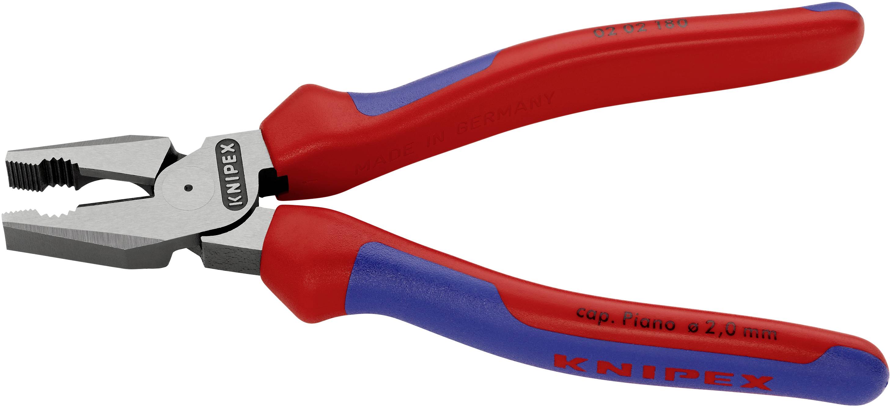 Tång med röda och blå handtag, märke Knipex, lämplig för gripande och klippning av tunt material, särskilt för pianotråd.