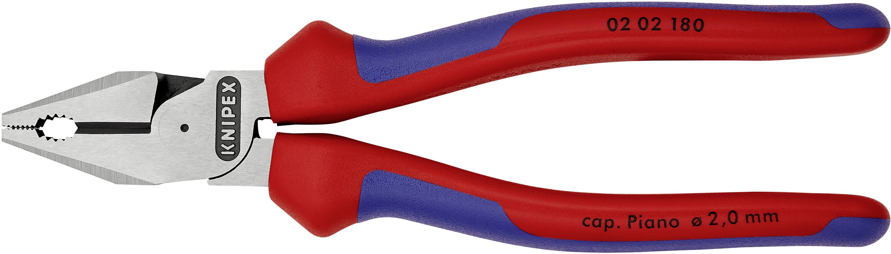 Röd och blå kombinationstång med metallhuvud och präglad inskription 'Knipex'.