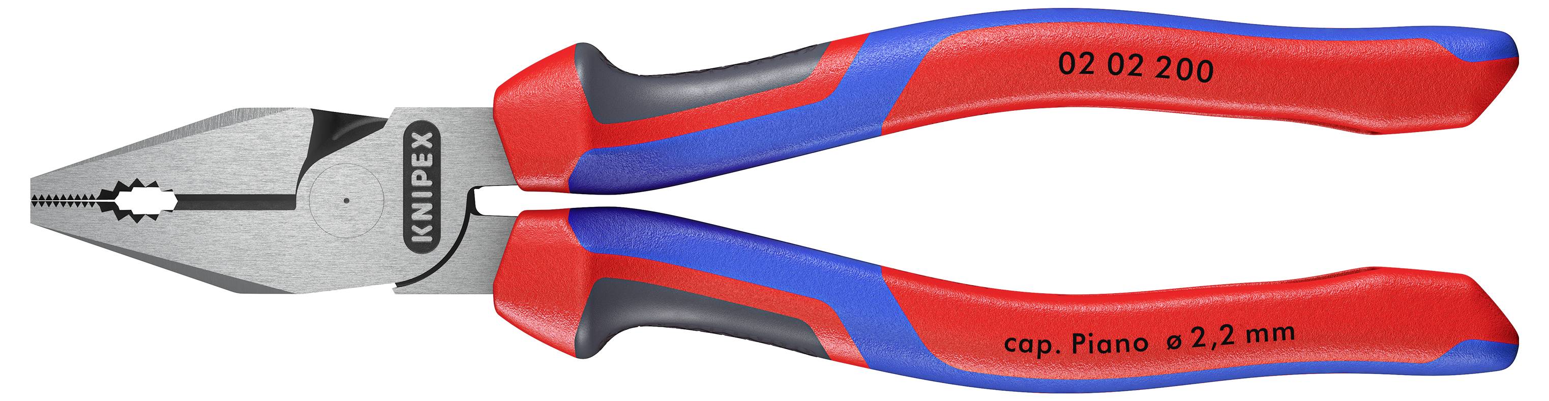 En kombinationstång från Knipex med röd-blå handtag, lämplig för pianotråd upp till 2,2 mm.