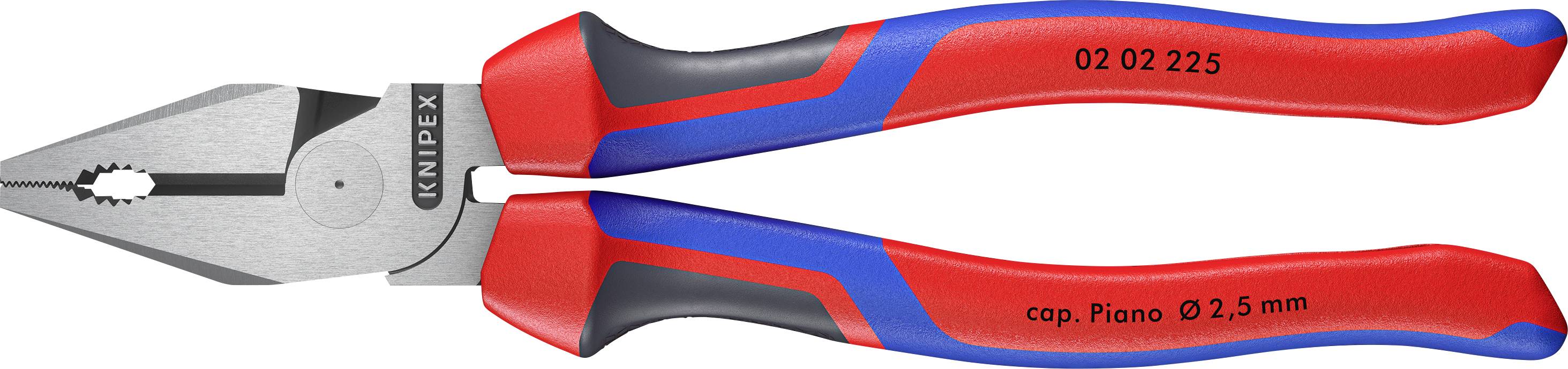 Avbildad är en röd kombinationstång med blå handtag från Knipex med märkningen 'cap. Piano Ø 2,5 mm'.