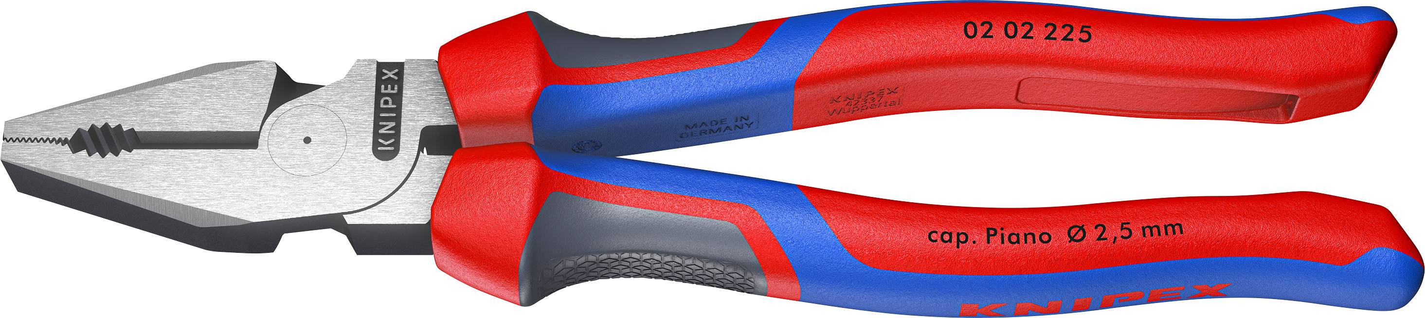 KNIPEX tång med röda och blå handtag, modellnummer 02 02 225, lämplig för pianotråd upp till 2,5 mm.