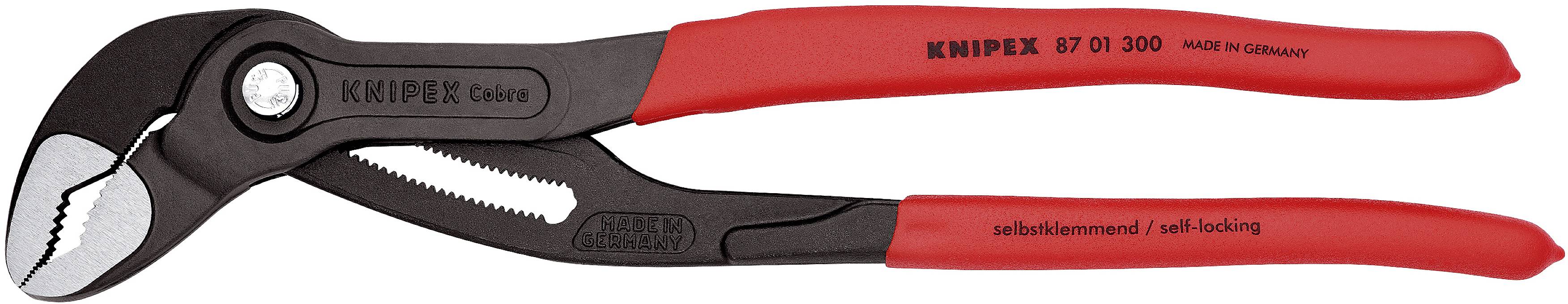 En röd vattenpumptång med svarta käftar och texten 'Knipex Germany'.