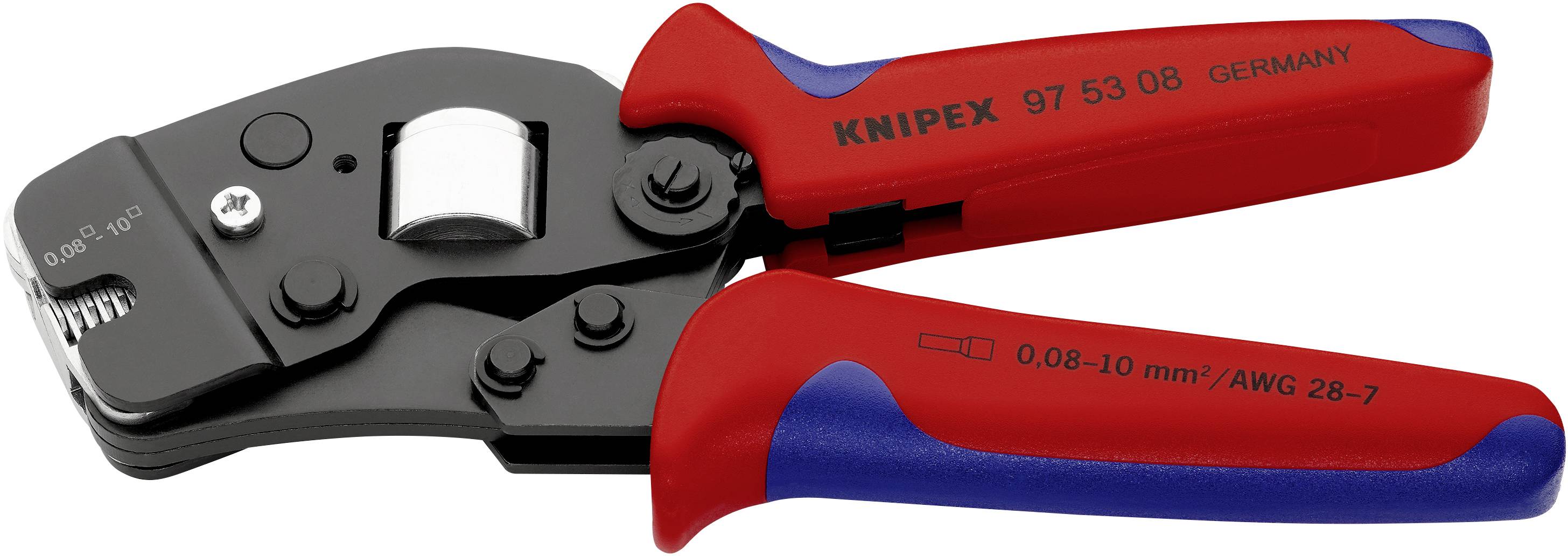 En röd och blå tång från märket 'Knipex', modellnummer 97 53 08, tillverkad i Tyskland, för att crimpa kablar från 0,08-10 mm².