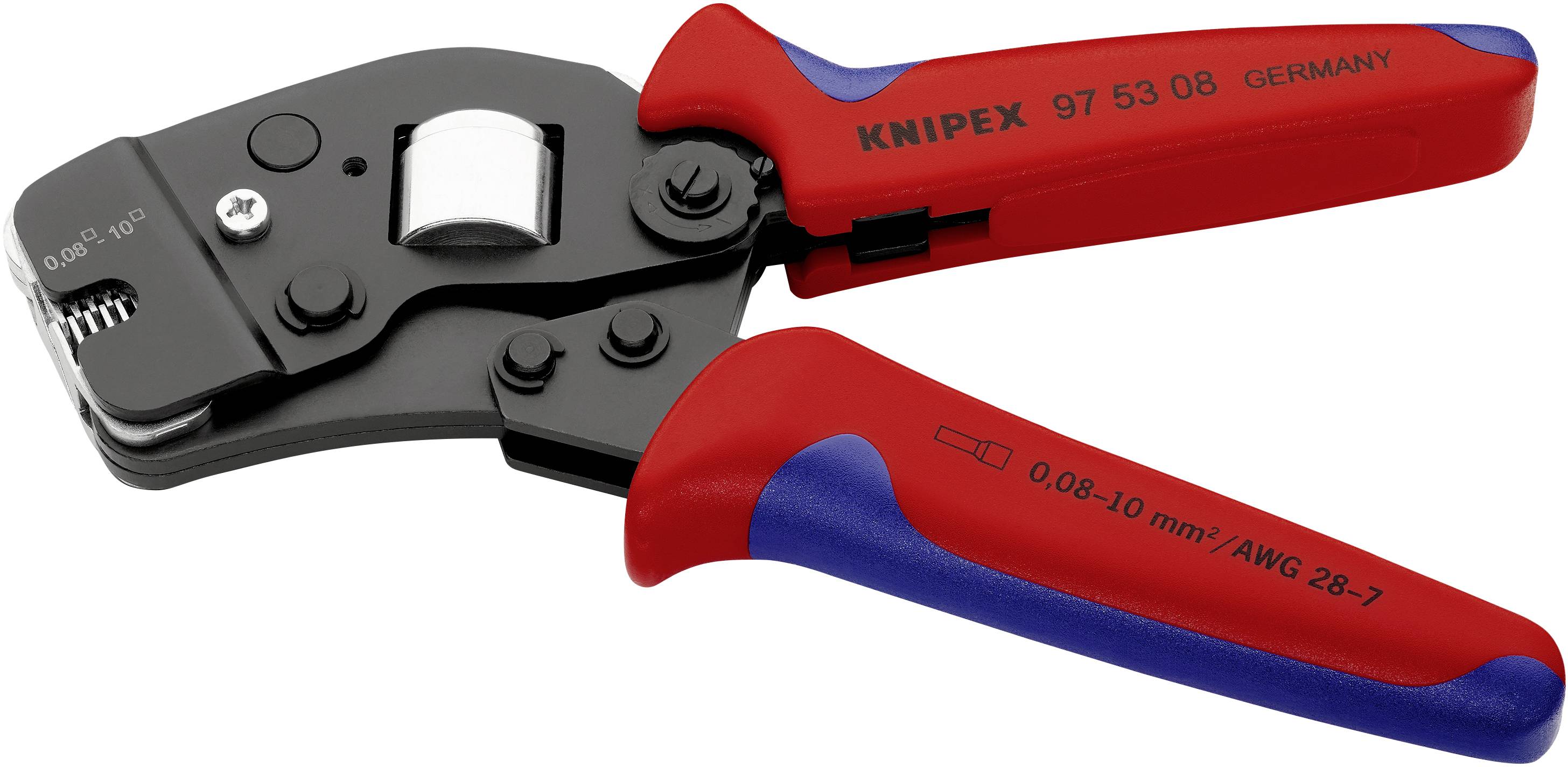 En röd och blå tång med texten 'Knipex', lämplig för kabelstorlekar från 0,08-10 mm².