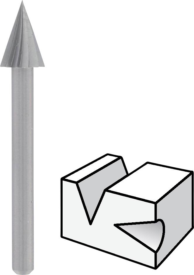 Ett koniskt fräsverktyg bredvid en grafik som visar fräsarens profil, vilken visar ett V-format snitt i ett block.