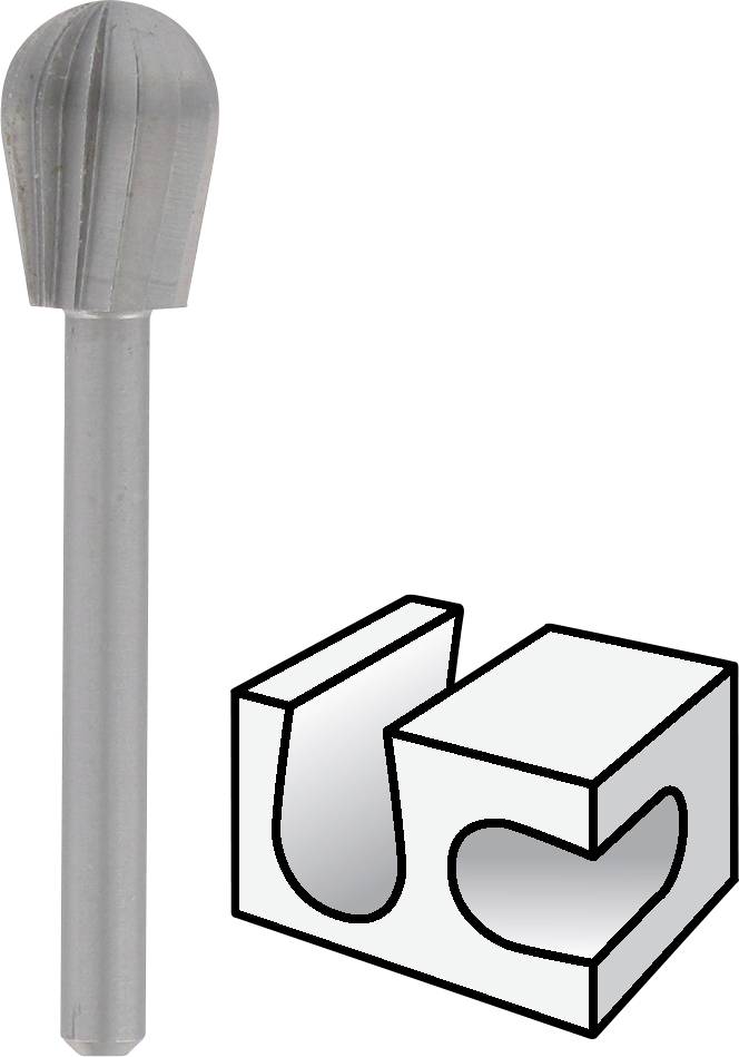 En grå fräsmaskin med ett kupformat skär bredvid en grafisk representation av en fräst, rundad spår och form.