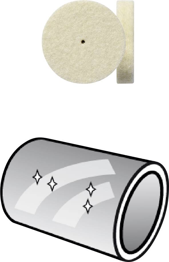 Ett filtpolerpads och en blank, polerad cylinder. Padden används för att skapa den blanka ytan.