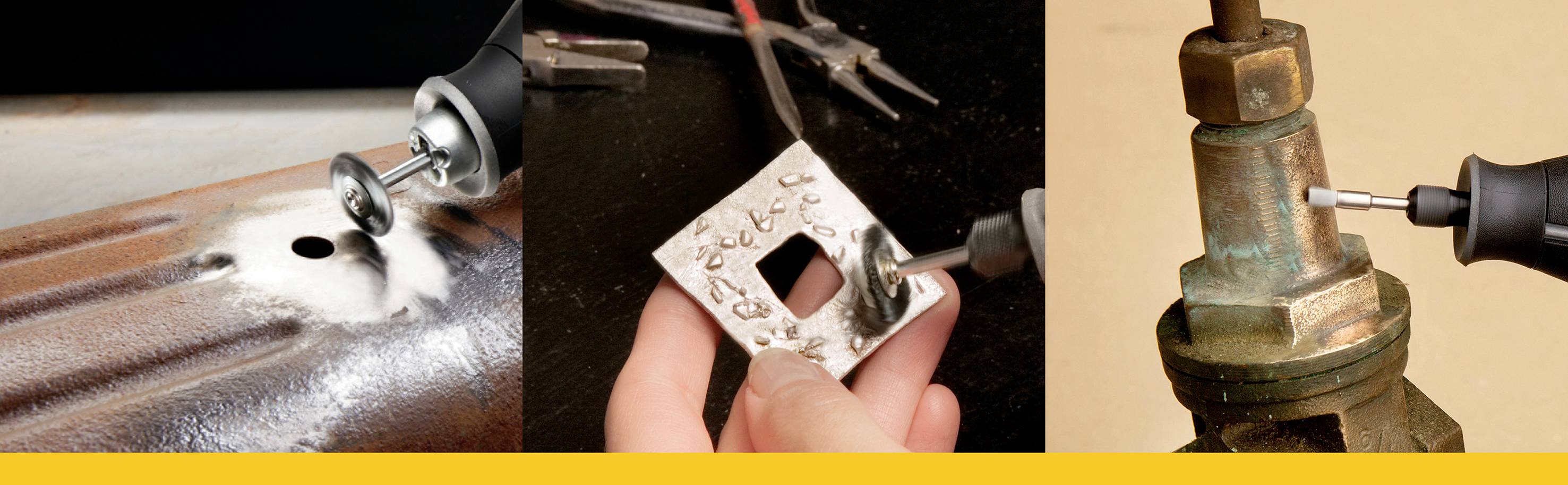 'Tre bilder, alla visar en hand som arbetar med ett roterande verktyg: slipa metall, gravera ett mönster i metall, borra metall.'