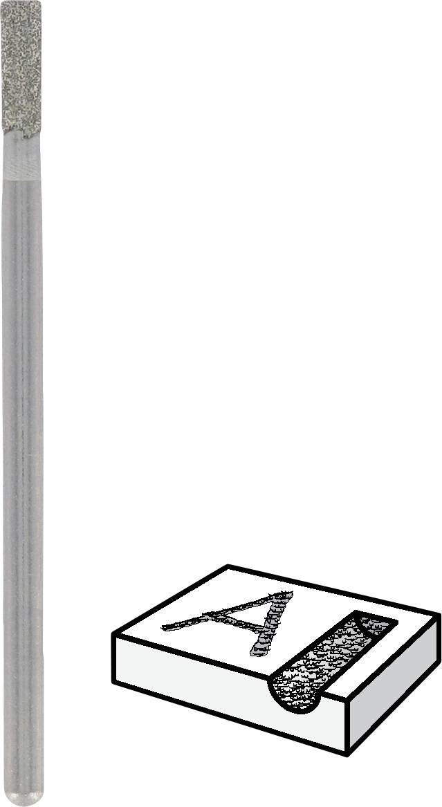 Ett cylindriskt verktyg med diamantbesatt huvud och en svart tredimensionell rektangel med 'Al' skrivet på sig.