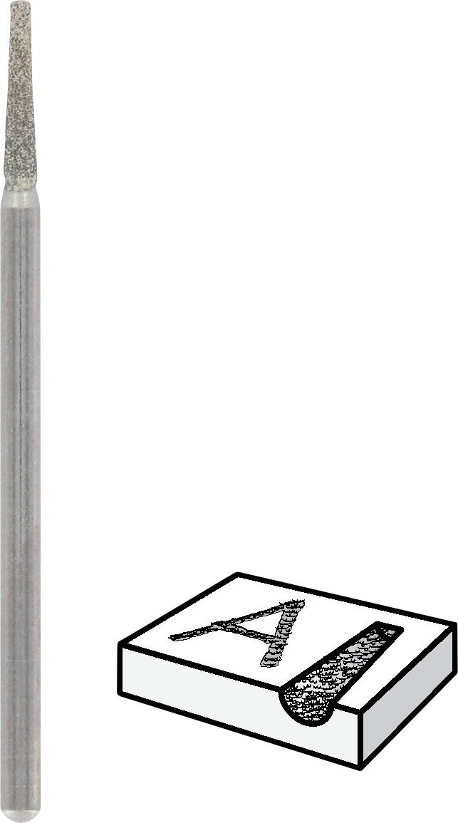 En tunn diamantfräs bredvid ett block märkt med "A1". Fräsen har en smal, avlång form med ett fint huvud.