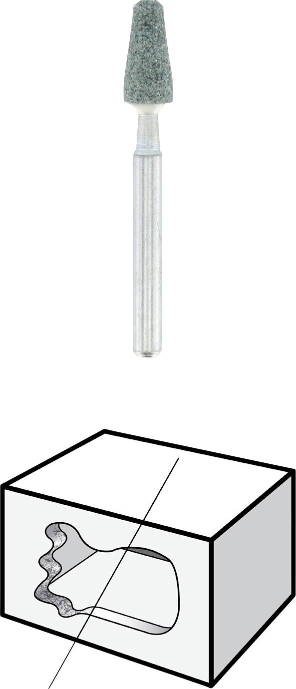 Cylindrisk slipspets med konisk form över en schematisk illustration av en tand som är delvis inbäddad i ett block.