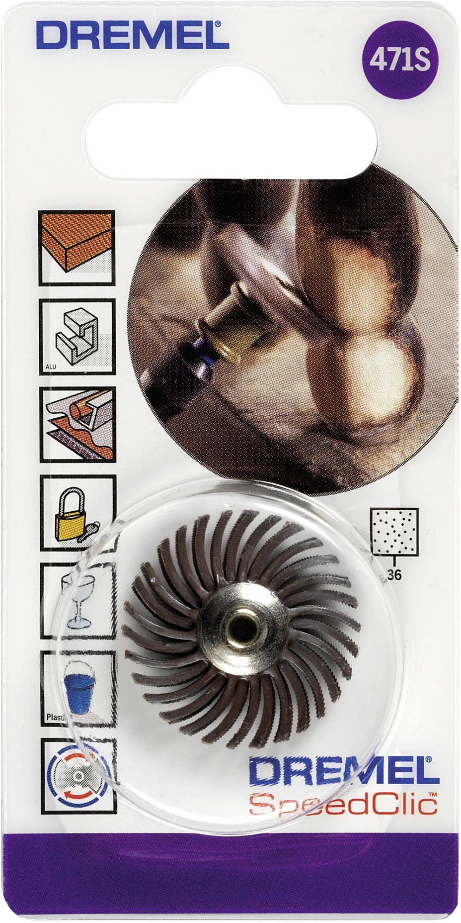En Dremel SpeedClic poleringsadapter i förpackning. Visar användningsområden som trä- och metallpolering. Modellnummer 471S.