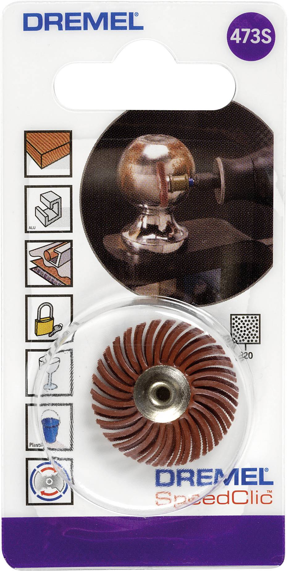 En Dremel 473S-borste i förpackning med bildanvisningar för polering av metallobjekt. Varumärkesnamn och produktnummer är synliga.
