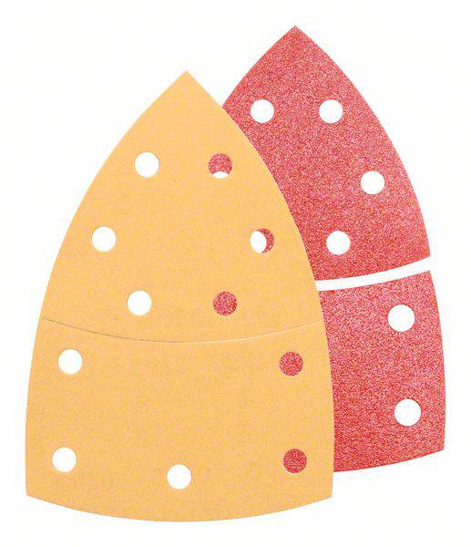 Två slipblad i triangelform, liggande ovanpå varandra, med rundade hål. Det ena är orange, det andra rött.
