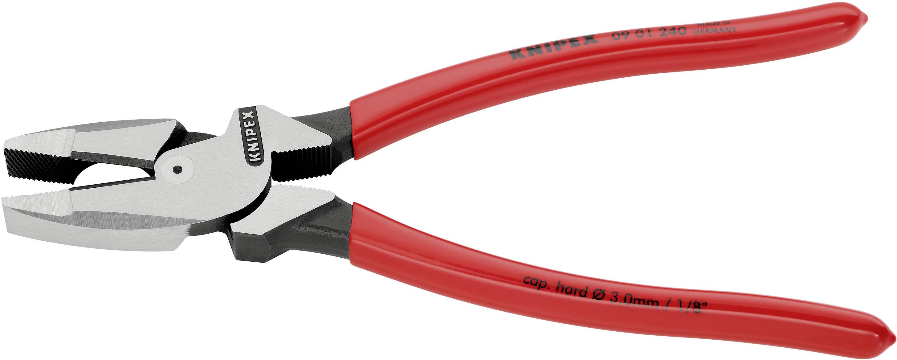 Röd avbitartång med svart handtag, lämplig för trå- och kabelskärning. Märkning: 'Knipex', '09 01 240'.
