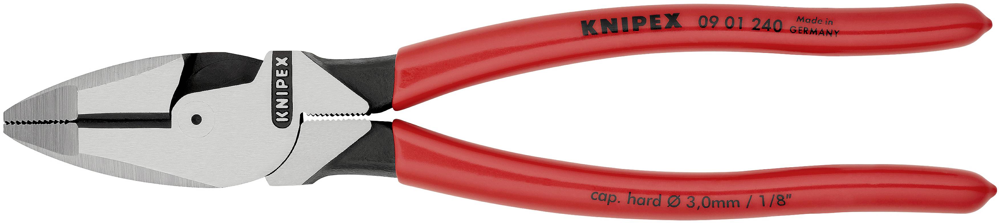 Avbitartång med röda handtag och silverfärgade skär. Lämplig för klippning av hårda material. Märkning: 'Knipex 02 01 240'.
