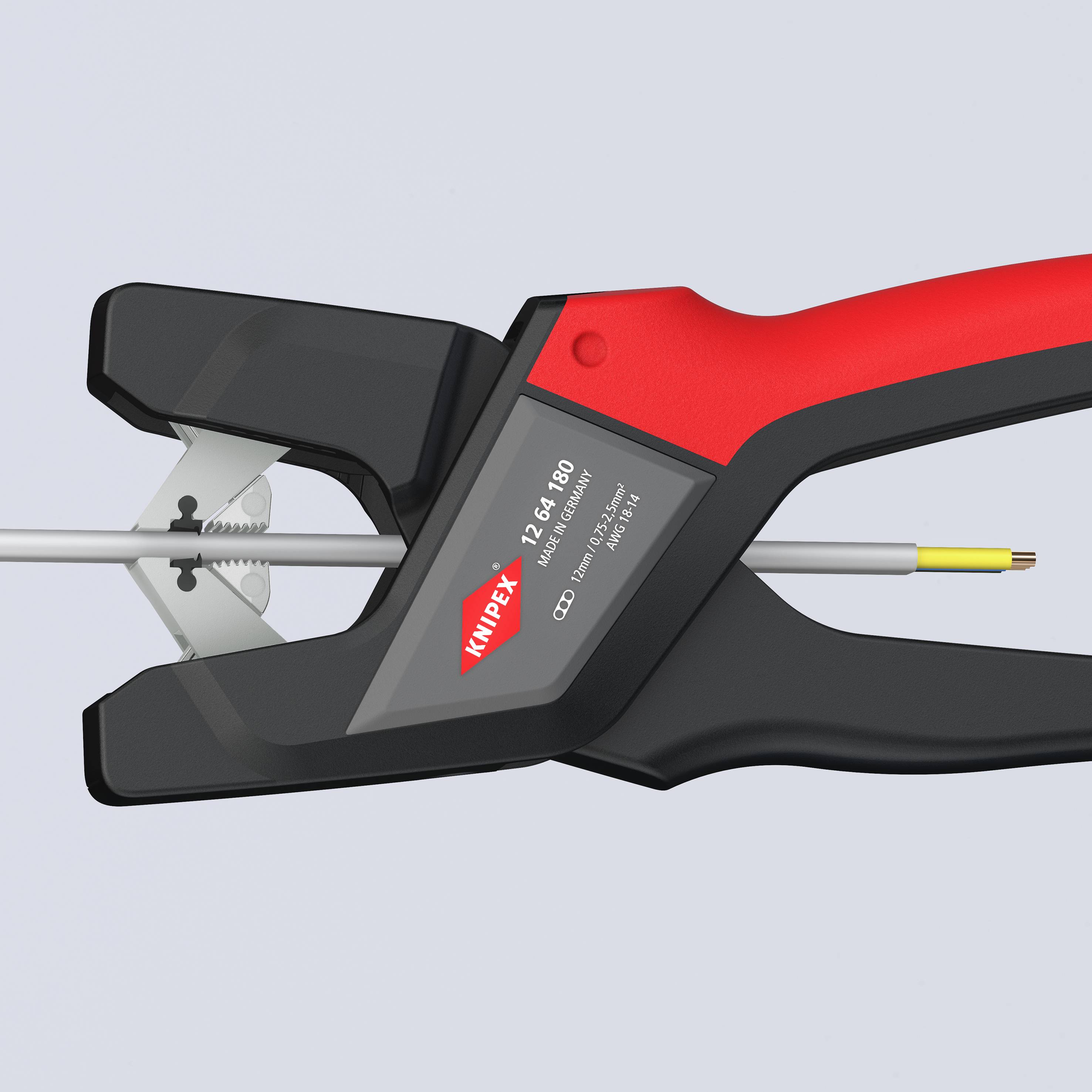En kabelsax med ergonomiskt grepp klipper exakt en kabel. Märkning visar 'Knipex 12 64 180'.