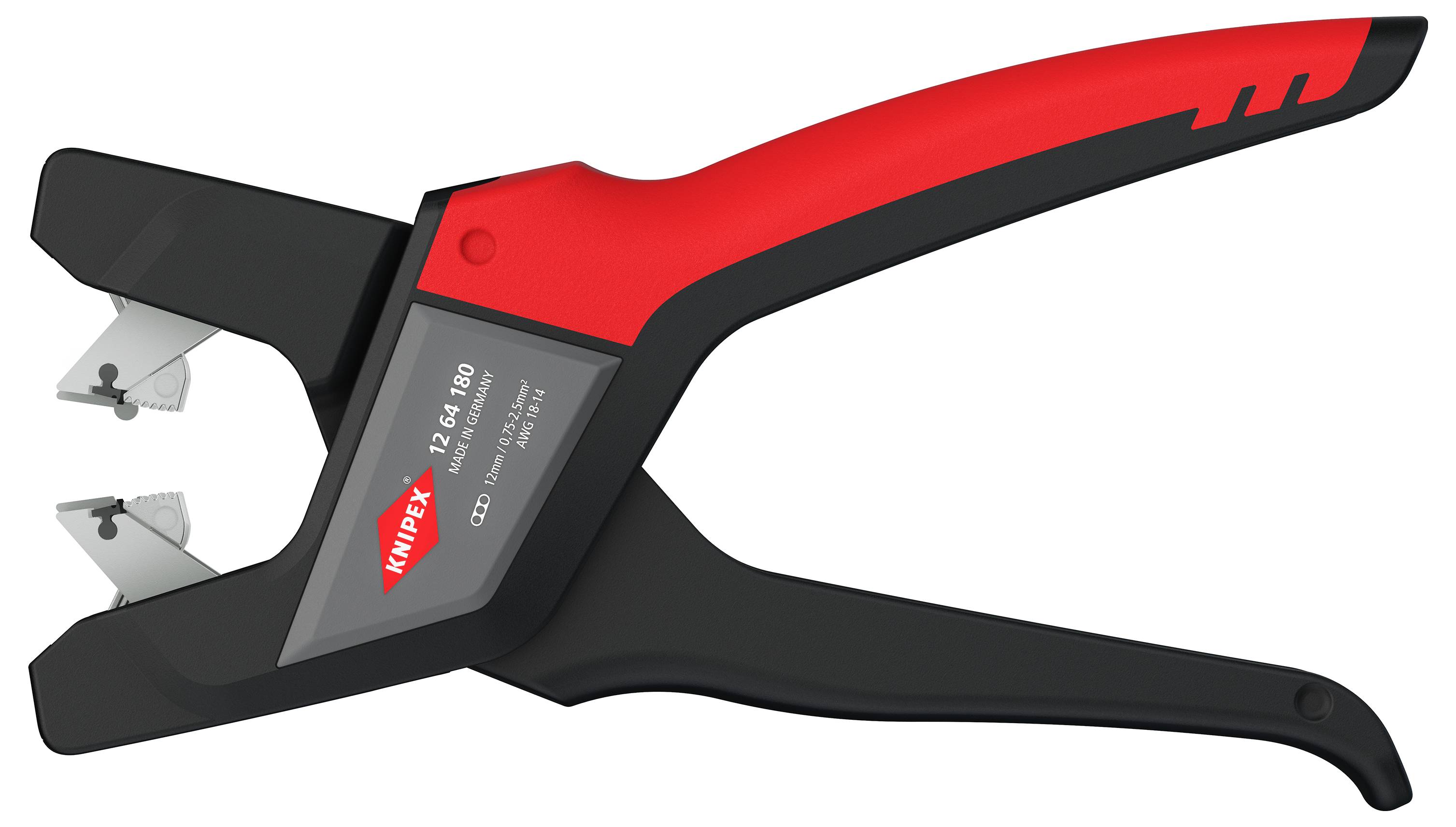 Här visas en röd och svart avisoleringstång från Knipex. Den är särskilt konstruerad för att avlägsna isolering från kablar.