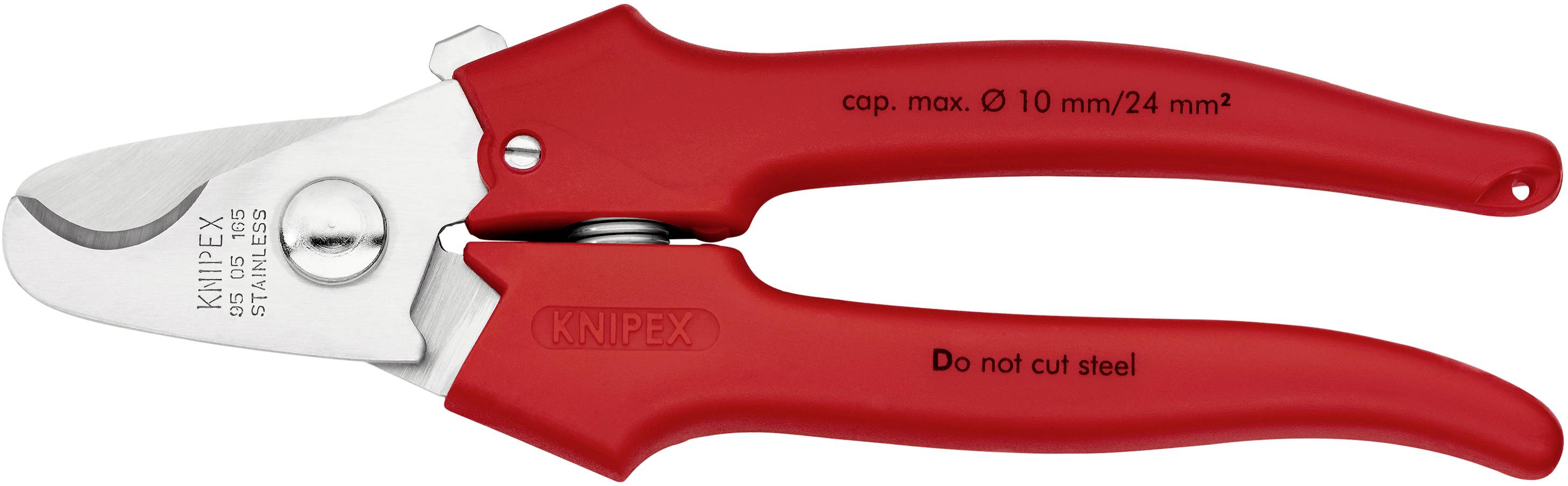 Röda Knipex-kabelsaxar med texten 'max. kap. Ø 10 mm/24 mm²' och 'Får ej klippas i stål', lämpliga för precisionsklippning.