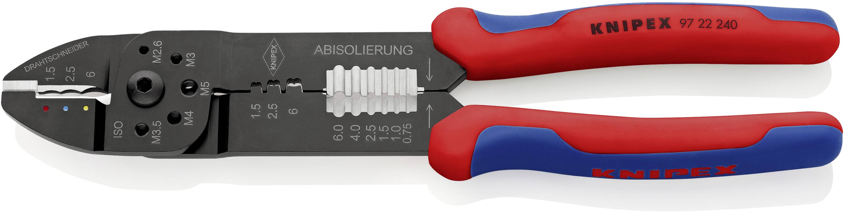 Bilden visar en röd och blå avisoleringstång från märket Knipex, modell 97 22 240, med olika skalor för att klippa och aviso­lera kablar.
