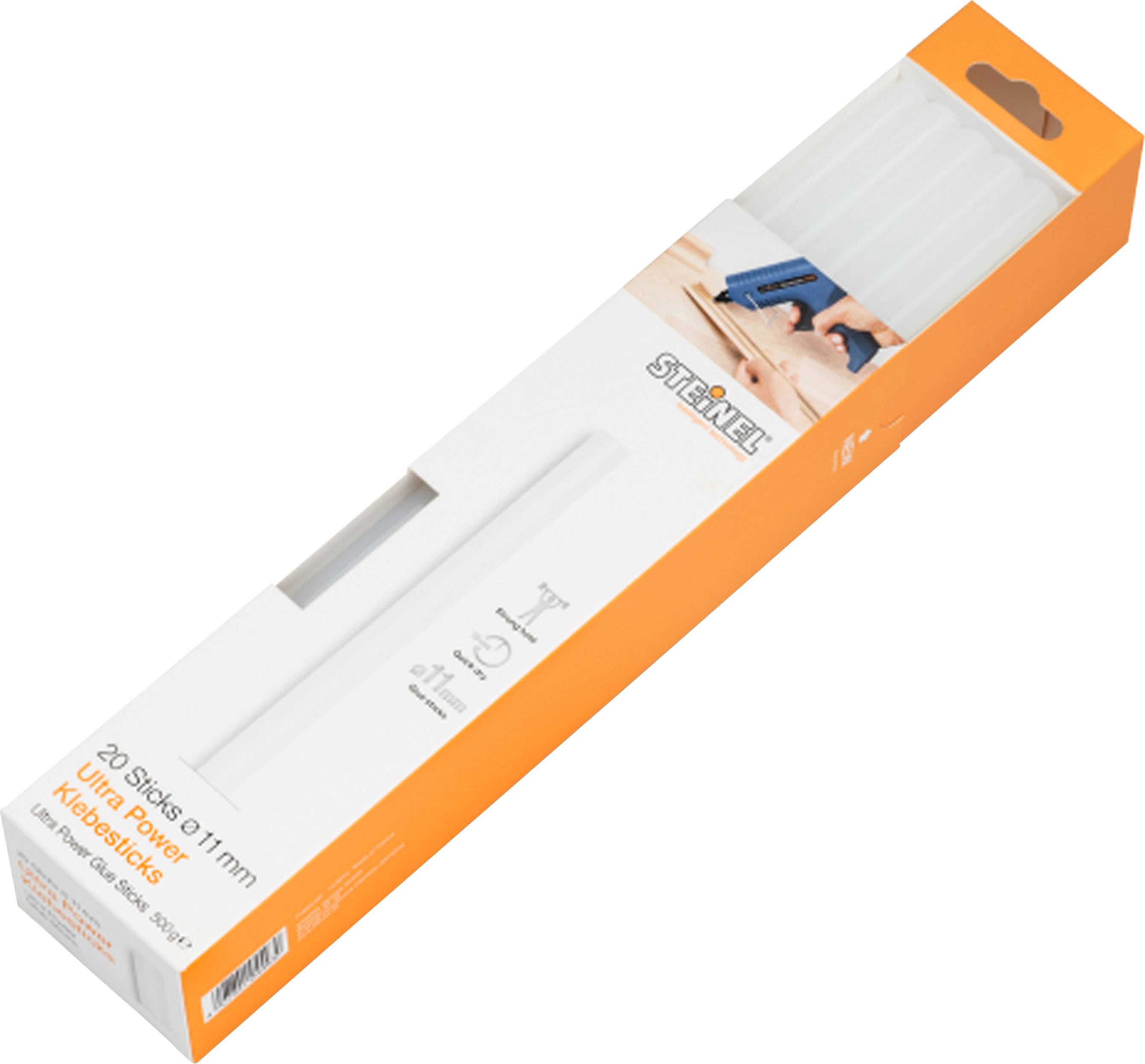 Steinel limstift 20 stycken, 11 mm diameter, för limpistol, förpackning i orange och vitt.