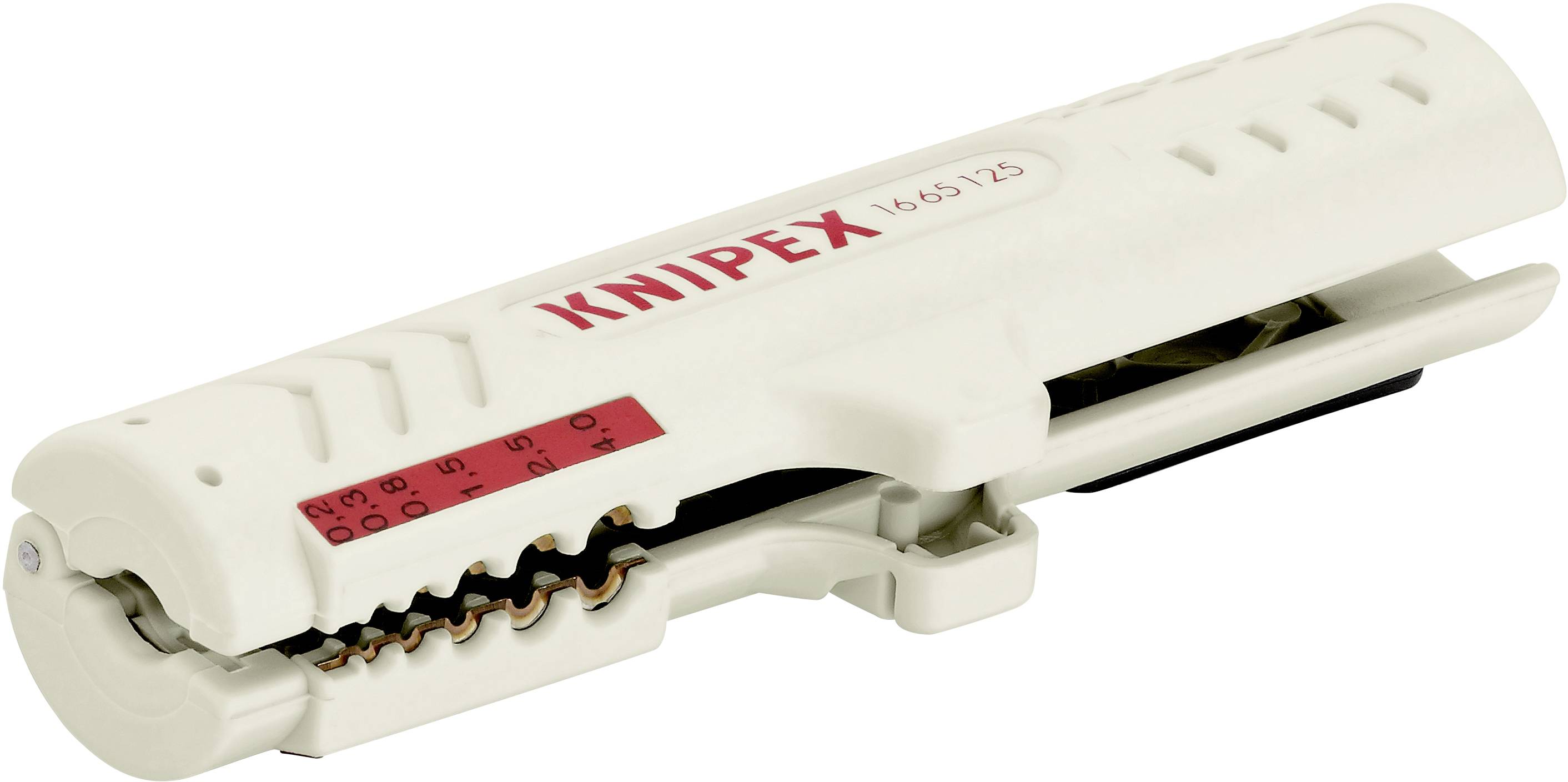 Ett vitt, hanterligt kabelskalningsverktyg med inskriften 'KNIPEX' och skalor.