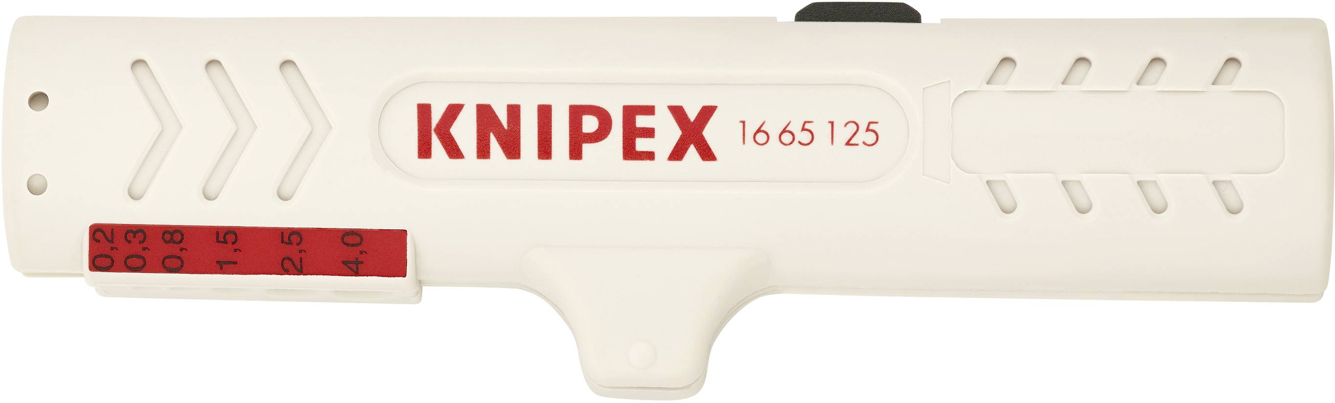 Verktyg för avisolering av kablar märkt 'KNIPEX 1665 125'. Skala med siffror 0,2–4,0 visar trådstorlekar.