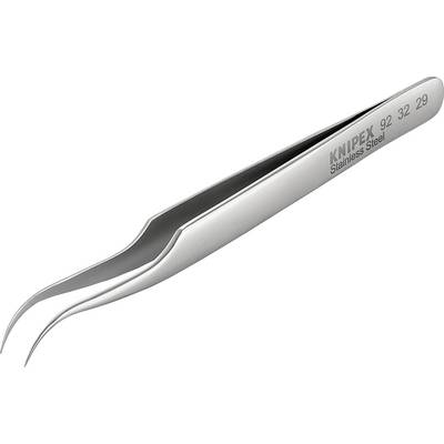 Spetsig, böjd pincett i rostfritt stål med påskriften 'KNIPEX Stainless Steel 92 32 29', lämplig för precisionsarbeten.