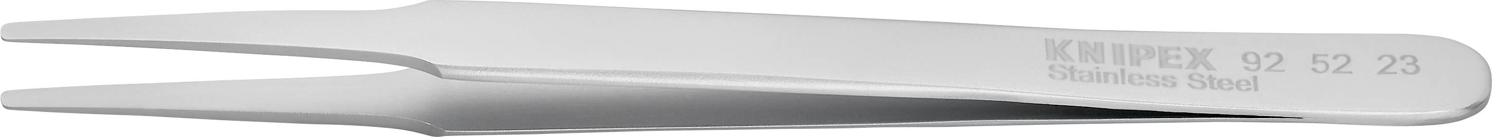 En spetsig pincett av rostfritt stål, präglad med 'Knipex' och 'Stainless Steel'.