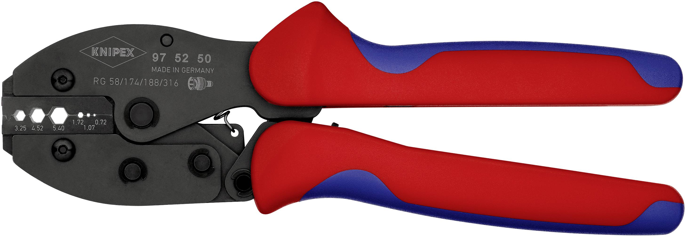 Crimptång med röda och blå handtag, tillverkad av Knipex. Tången är avsedd för att pressa kabelanslutningar.