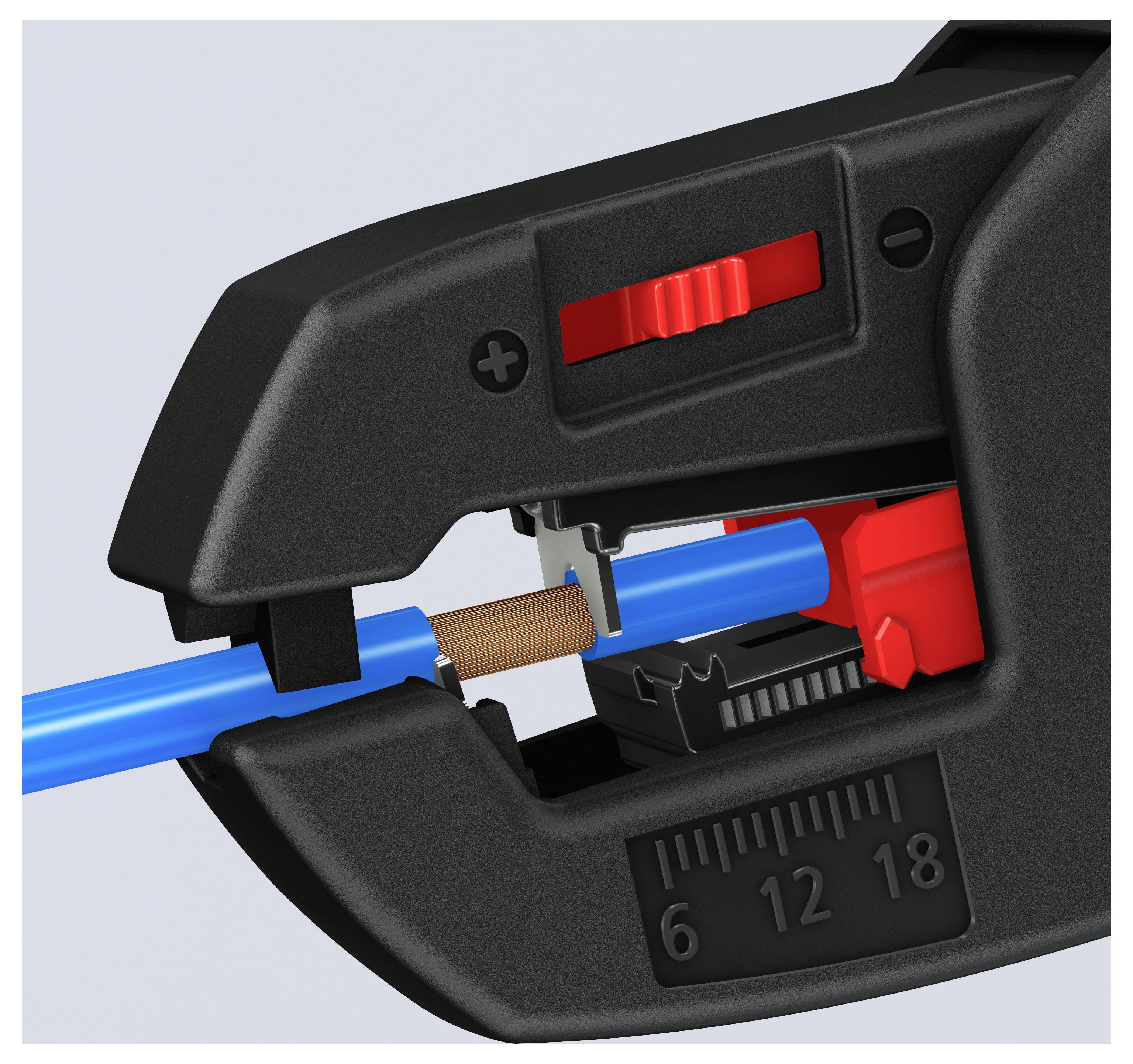 En kabelavdragare som griper en blå kabel och visar justerbara inställningar för precisionsavdragning.