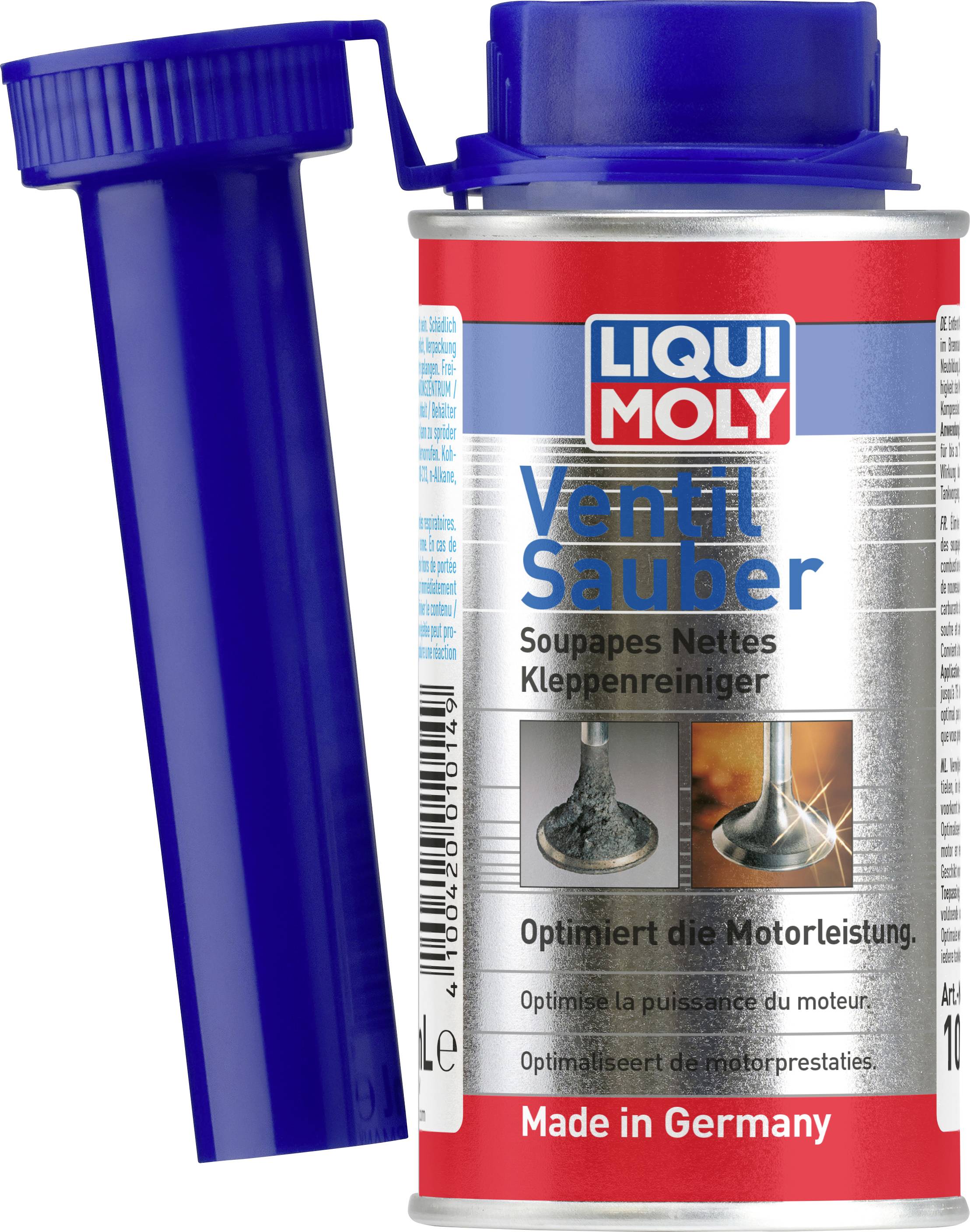 Liqui Moly 'Ventil Sauber' ventilrengöring i burk med bifogad blå appliceringsslang, märkt 'Made in Germany'.