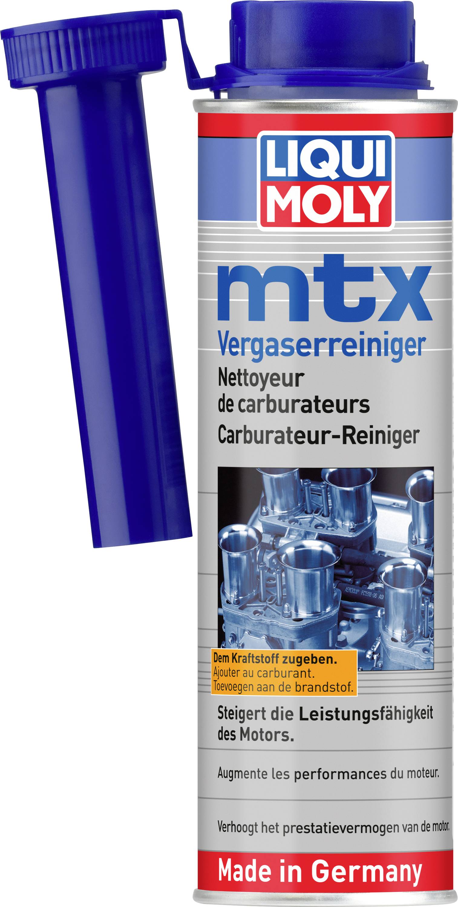 LIQUI MOLY MTX förgasarrengöring i flaska med bifogad blå kapsylapplikator, märkt "Vergaserreiniger" och "Made in Germany".
