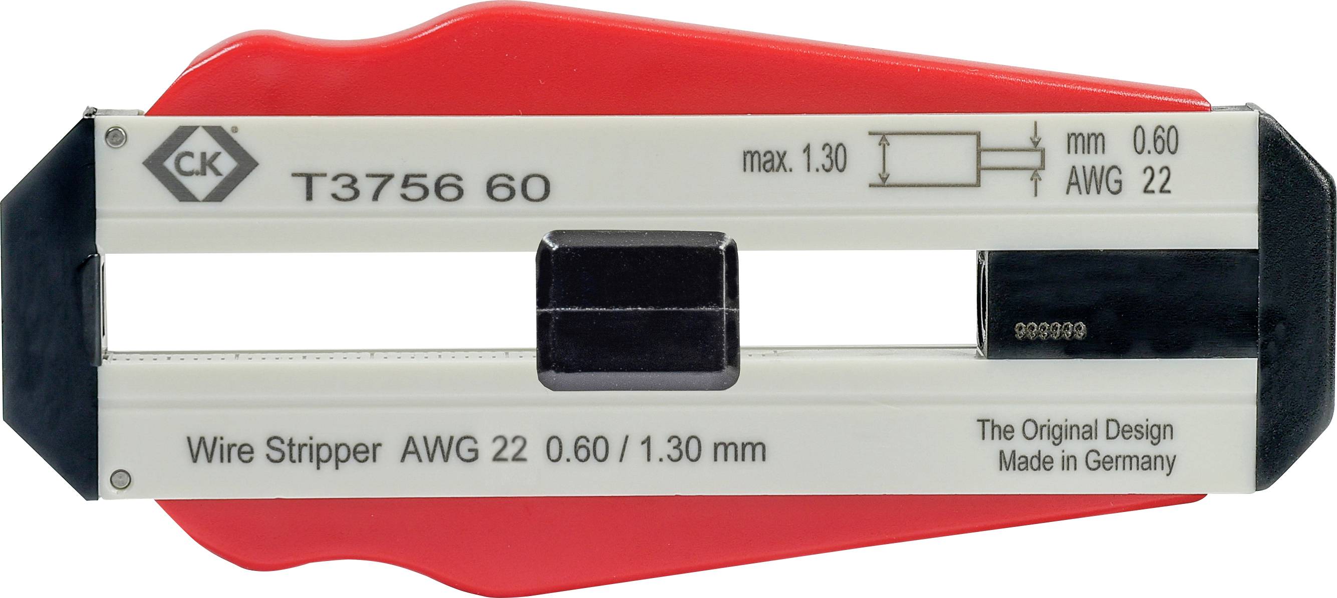 Avbitarstång med röd handtag, modellnummer T3756 60. Lämplig för kablar med 0,60/1,30 mm diameter, tillverkad i Tyskland.