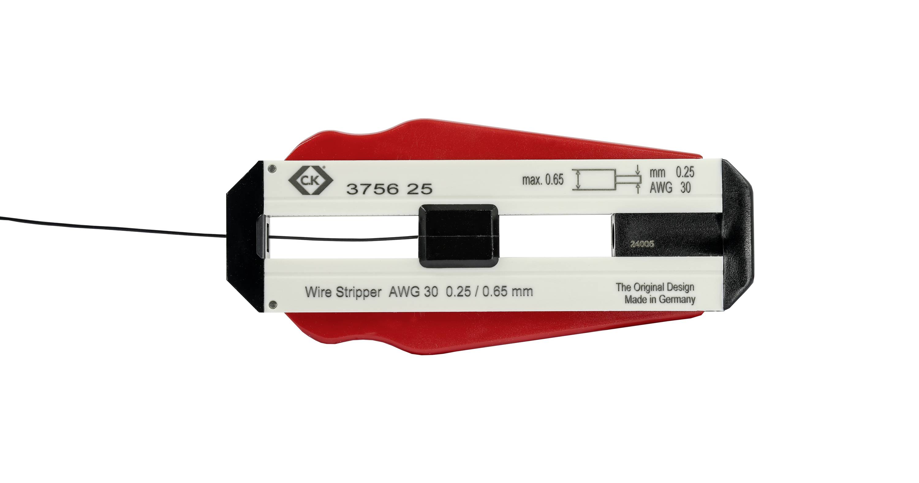 Avisoleringstång i rött och vitt, specialdesignad för trådtjocklek AWG 30 (0,25 mm) och mm-storlek 0,25/0,85. Tillverkad i Tyskland.
