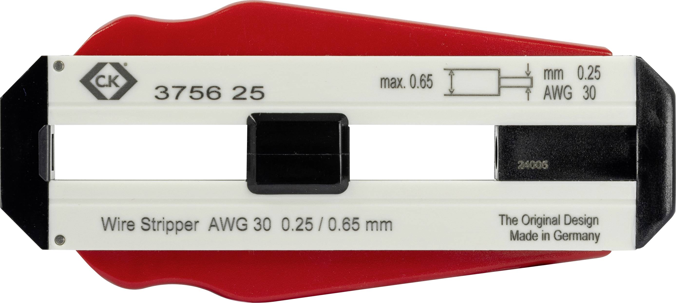 Avbitartång med tryckt text 'Wire Stripper AWG 30 0,25 / 0,65 mm', maximal kapacitet 0,65 mm, tillverkad i Tyskland.