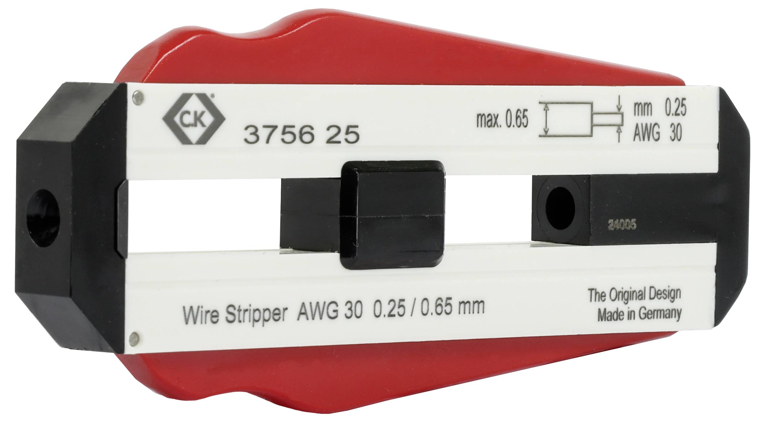 Avskalningsverktyg för AWG 30, max. 0,65 mm, röd-vit, med märkningarna '3756 25', 'The Original Design Made in Germany'.