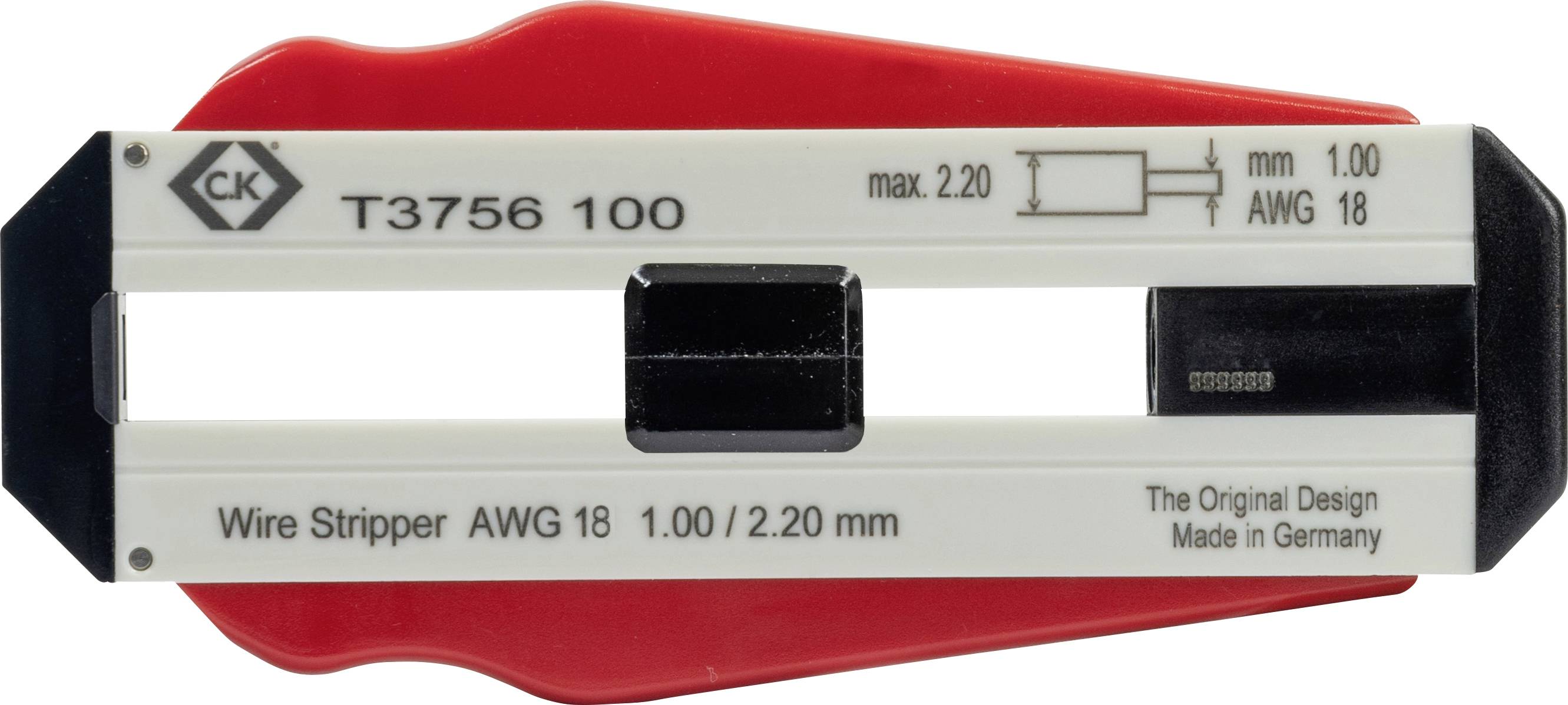 En kabelavstripare märkt 'Wire Stripper AWG 18 1.00/2.20 mm', lämplig för kablar från 1,00 till 2,20 mm, tillverkad i Tyskland.