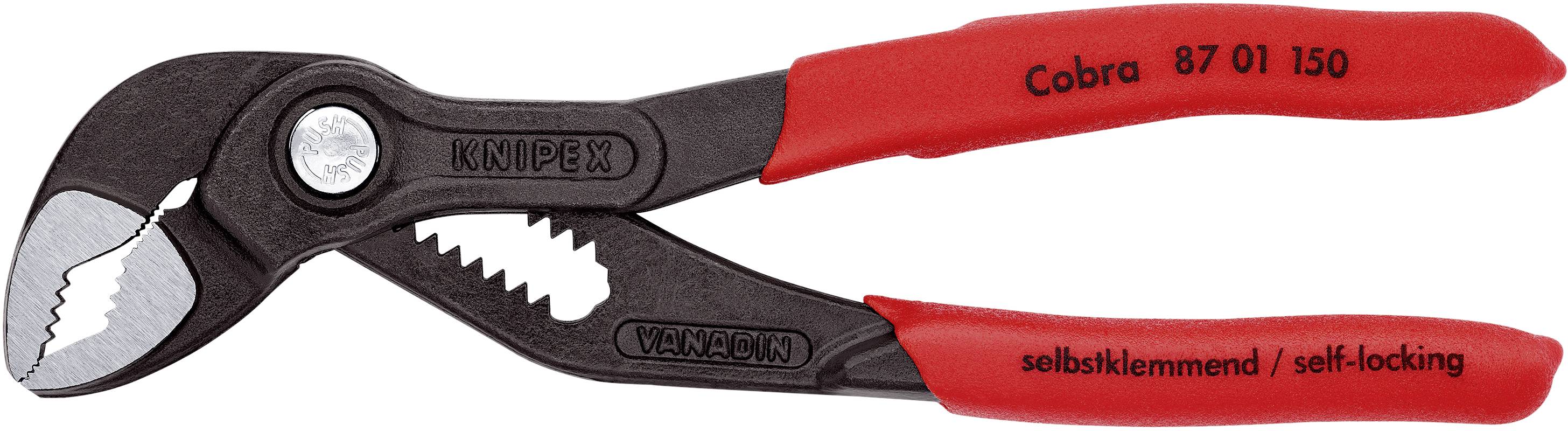 En svart rörtång med röda handtag från märket 'Knipex Cobra', modellnummer '87 01 150', med automatiskt låsgrepp.