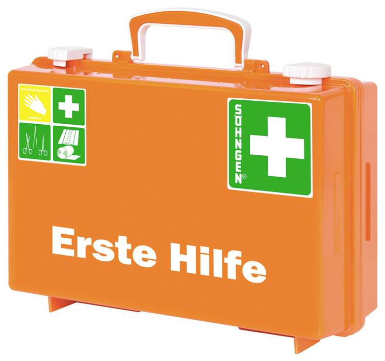 Orangefärgad första hjälpen-låda märkt med "Erste Hilfe" med ett handtag och gröna medicinska korssymboler på framsidan.