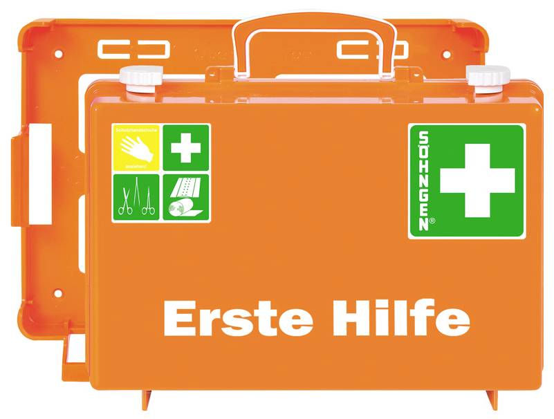 Orangelåda för första hjälpen märkt "Erste Hilfe" med ett grönt medicinskt kors och nödsymboler.